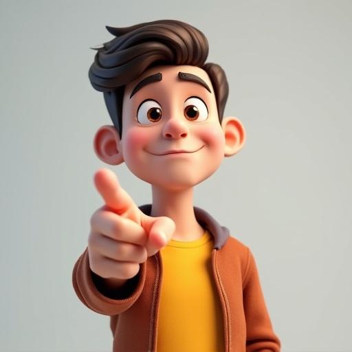3D character design of a 16-year-old boy. He is pointing his finger towards the viewer with a facial expression of doubt. Background is clean and simple.