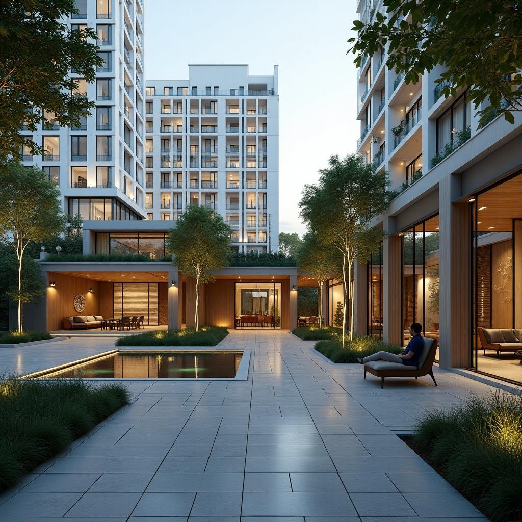 Image showcases a modern residential complex in an urban setting. Features landscaped courtyard with a pool and seating areas. Surrounding buildings are sleek and contemporary. Light from dusk creates a serene atmosphere.