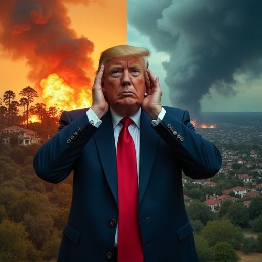 American president in a suit exhibits a startled expression with hands on head. On the left, trees and houses in Hollywood Hills engulfed in flames. On the right, a massive tornado is destroying homes beneath dark ominous clouds. The image is photorealistic with detailed emphasis on lighting effects.