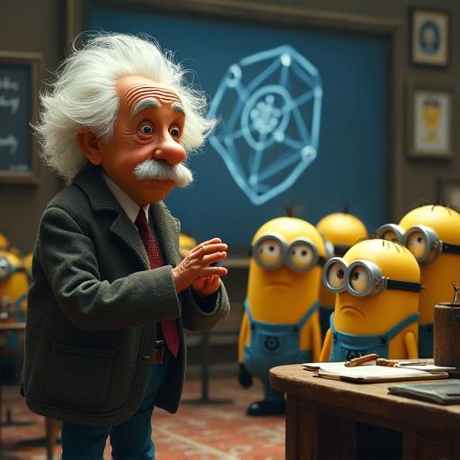 Einstein explaining a concept to cartoon characters in a classroom setting. Minions captivated by the explanation. A table filled with scientific tools and drawings.