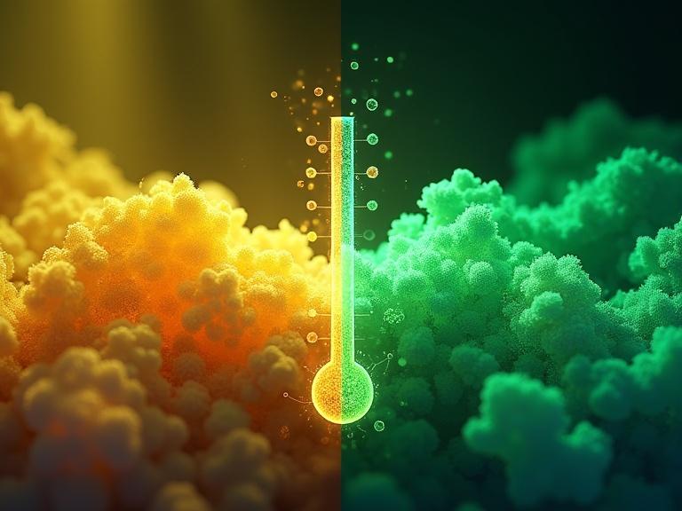 Illustration shows two different states: unstructured diffuse yellow and growing crystalline sharp green. Horizontal thermometer indicates reversible conversion at 80 °C. Colorful fluorescence represents emissions. Overlay rotating thiophene groups for isomerization. Subtle hydrogen bond networks in crystalline phase. Background split with soft clouds for amorphous and sharp geometric for crystalline. Vibrant scientific design for a chemistry journal cover.