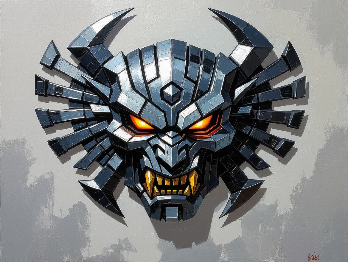 Heavy impasto painting with brutalist and abstract style. Aggressive neo-tribal emblem featuring biomechanical elements. Created with oil on canvas using a palette knife. Textured and sculptural surface with thick strokes. Moody metallic colors of silver, pewter, and black. Dramatic lighting enhances depth and shadows.
