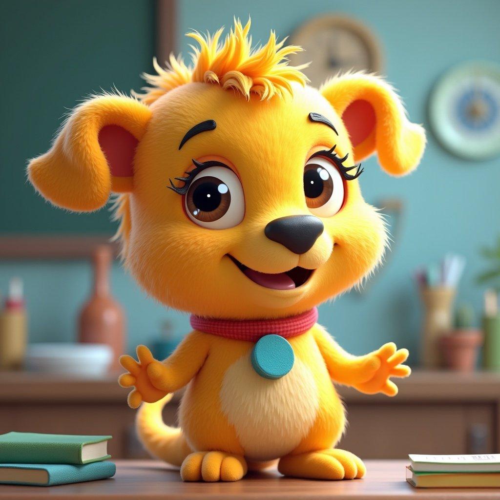 Character is a vibrant animated creature designed to engage children in learning STEM subjects. Character has large expressive eyes and fluffy ears. It has a fun, colorful appearance. Character is positioned in a classroom-like setting with educational elements in the background. It features a friendly demeanor.