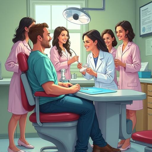 A man is seated in a dental chair while a dentist works on his tooth. Six female dental assistants surround them, engaged in playful interactions with the patient. The image is styled in a cartoon format with vibrant colors.