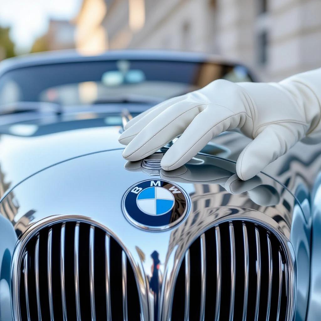 Close-up of BMW 328 emblem scene Gloved hand touches chrome surface Reflection in chrome Distorted glove image Golden hour sunlight highlights Alpine backdrop