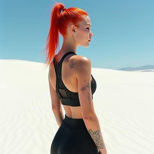 Realistic detailed image of a fit young woman with long punk ponytail wearing black tank top and mesh yoga pants in a bright sunny white desert with blue sky