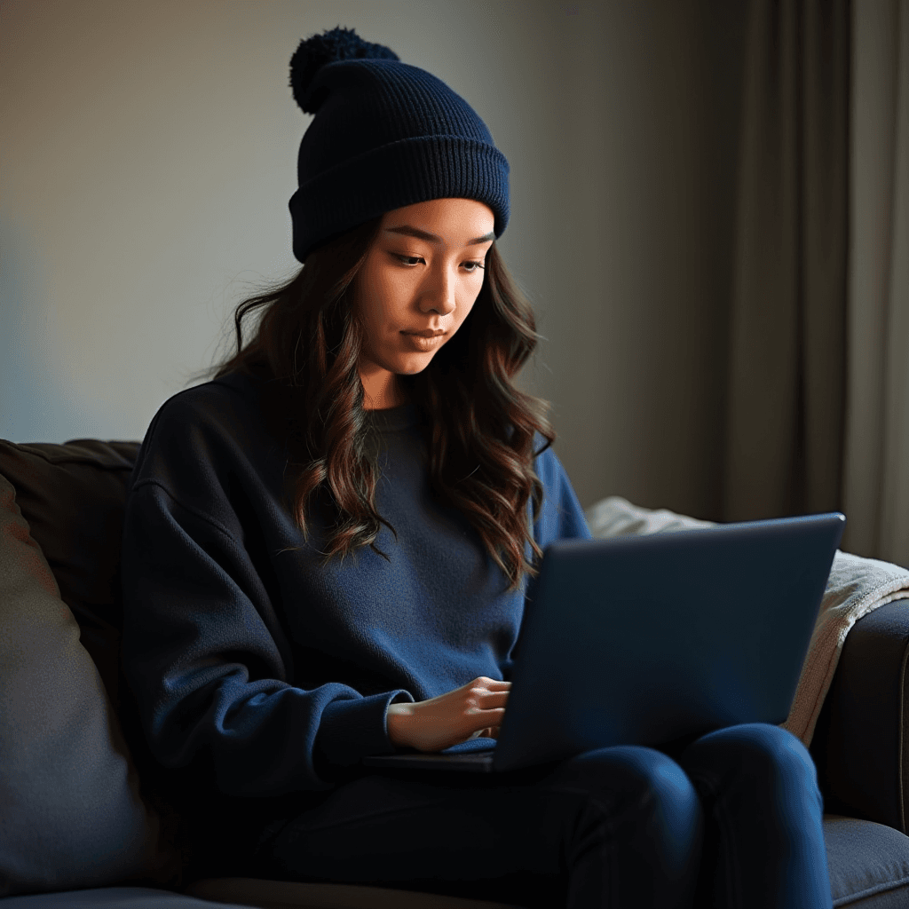 A person in a beanie is using a laptop on a comfortable couch, absorbed in their work.