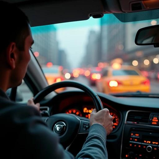 Taxi driver navigating through busy city streets during rush hour. Vehicle stuck in traffic with blaring horns and visible exhaust fumes. Driver's hands firmly grasp the steering wheel. Background filled with red and yellow lights from other cars.