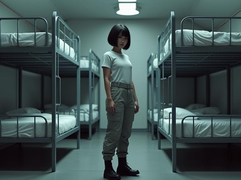 Photograph of a female soldier with short dark hair wearing a short white t-shirt and light grey army pants stands in a room with metal bunk beds. The setting is a light grey tent at night. There are shadows and texture details.