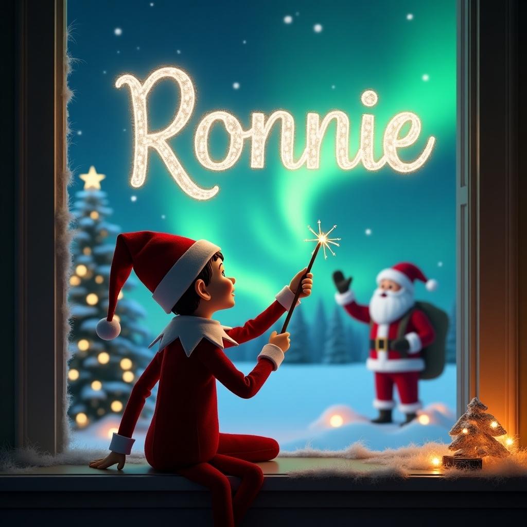 An elf on the shelf is seated with his back to the viewer, gazing up at the night sky. He is using a magical wand to elegantly write the name 'Ronnie' in sparkling letters in the air. The background is a captivating Christmas scene with vibrant northern lights illuminating the night. Santa is also present in the background, adding to the festive charm. The mood is joyous and whimsical, perfect for capturing the spirit of the holiday season.