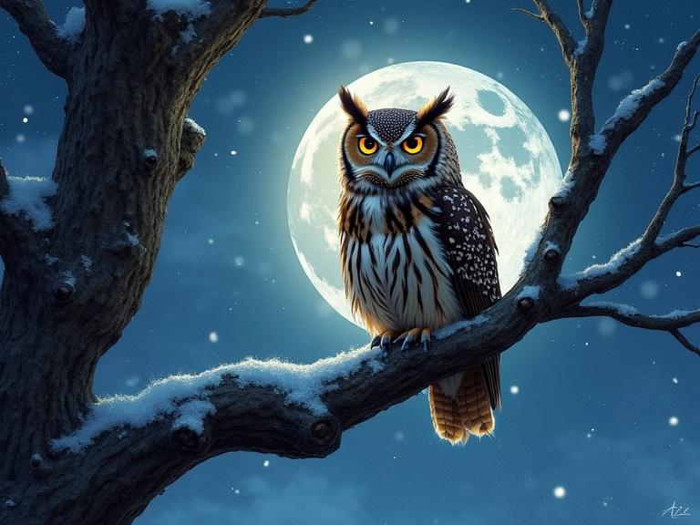 A dusky owl sits on an ancient oak branch under bright moonlight. The scene shows winter’s stillness with a clear sky filled with stars. The owl’s eyes reflect the moon’s glow. The artistic style mixes watercolors and cinematic elements.