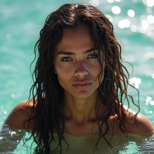 Award winning closeup portrait photo of a Polynesian woman as a water goddess wading in the Pacific Ocean. Shot partially submerged, detailed and intricate with lens flare and backlighting effects.