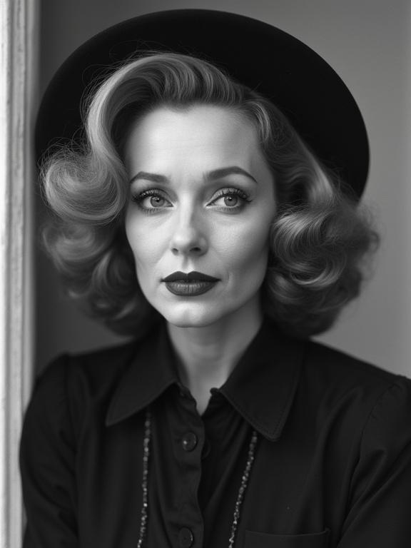 Classic portrait of a woman with styled blonde hair wearing a black hat and black blouse. Stylish appearance indicative of vintage fashion. The lighting is soft and the atmosphere is elegant and timeless.
