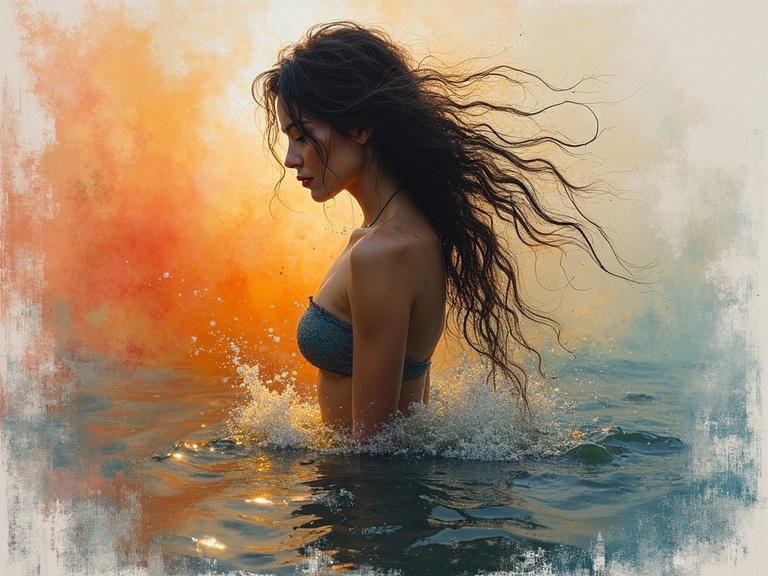 Silhouette of a woman with long hair in water. Vibrant colors in the background. Ethereal and artistic style. Warm sunlight reflection on water.