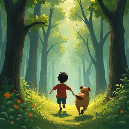 An illustration of a small boy walking with a dog in a forest. The style reflects that of Studio Ghibli. The setting features tall trees and sunlight.