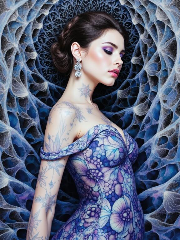 Surreal 3D transparent collage portrait of a stunning woman in a kaleidoscopic dress. Intricate geometric patterns and optical illusions surround her. Features muted black, white, silver, violet, and blue colors. Consists of mixed media including encaustic wax and alcohol ink.