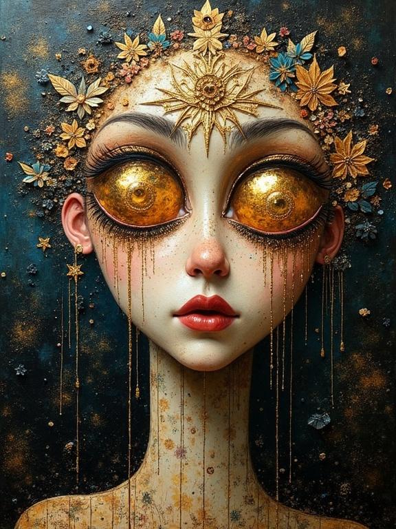 A layered portrait of a woman with large golden eyes. Natural elements like flowers and leaves surround her head. Dark background adds depth. Mixed media techniques create textures. Vibrant details with a magical feel.