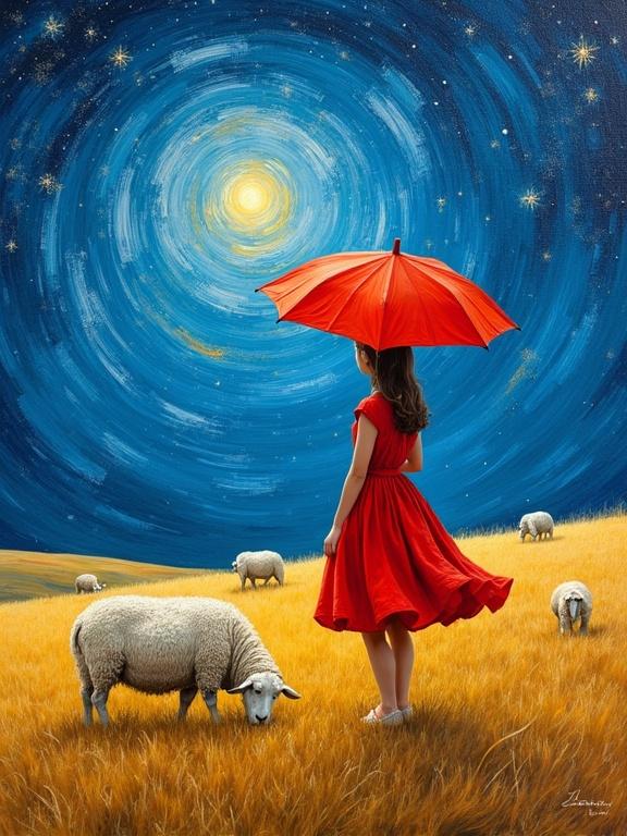 A girl in a vibrant red dress holds a red umbrella. She stands beside sheep in a surreal landscape. The background has a swirling blue sky with bright stars. A golden-yellow grassland is below. The girl’s dress contrasts with the scenery. Sheep are grazing peacefully nearby.