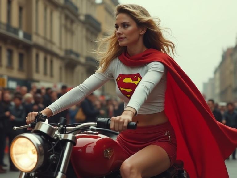 Supergirl character in a red mini skirt and white crop top riding a motorcycle through a crowd on a street. She wears a red cloak and has the 'S' logo on her top. Side view shot with a cinematic feel.