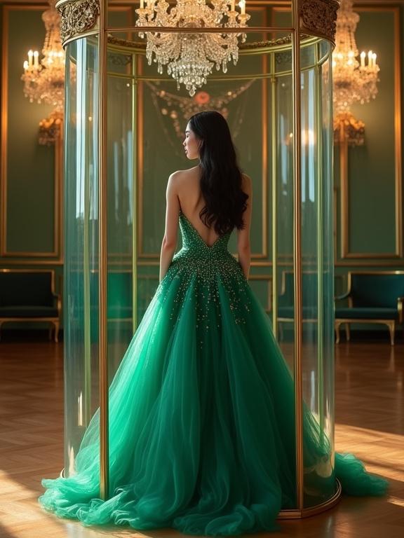 Young East Asian woman in emerald green ball gown stands in glass enclosure in opulent ballroom with chandeliers. Gown flows elegantly on wooden floor. Long black hair and glowing pale skin. Room features classy architecture and deep navy furnishings.