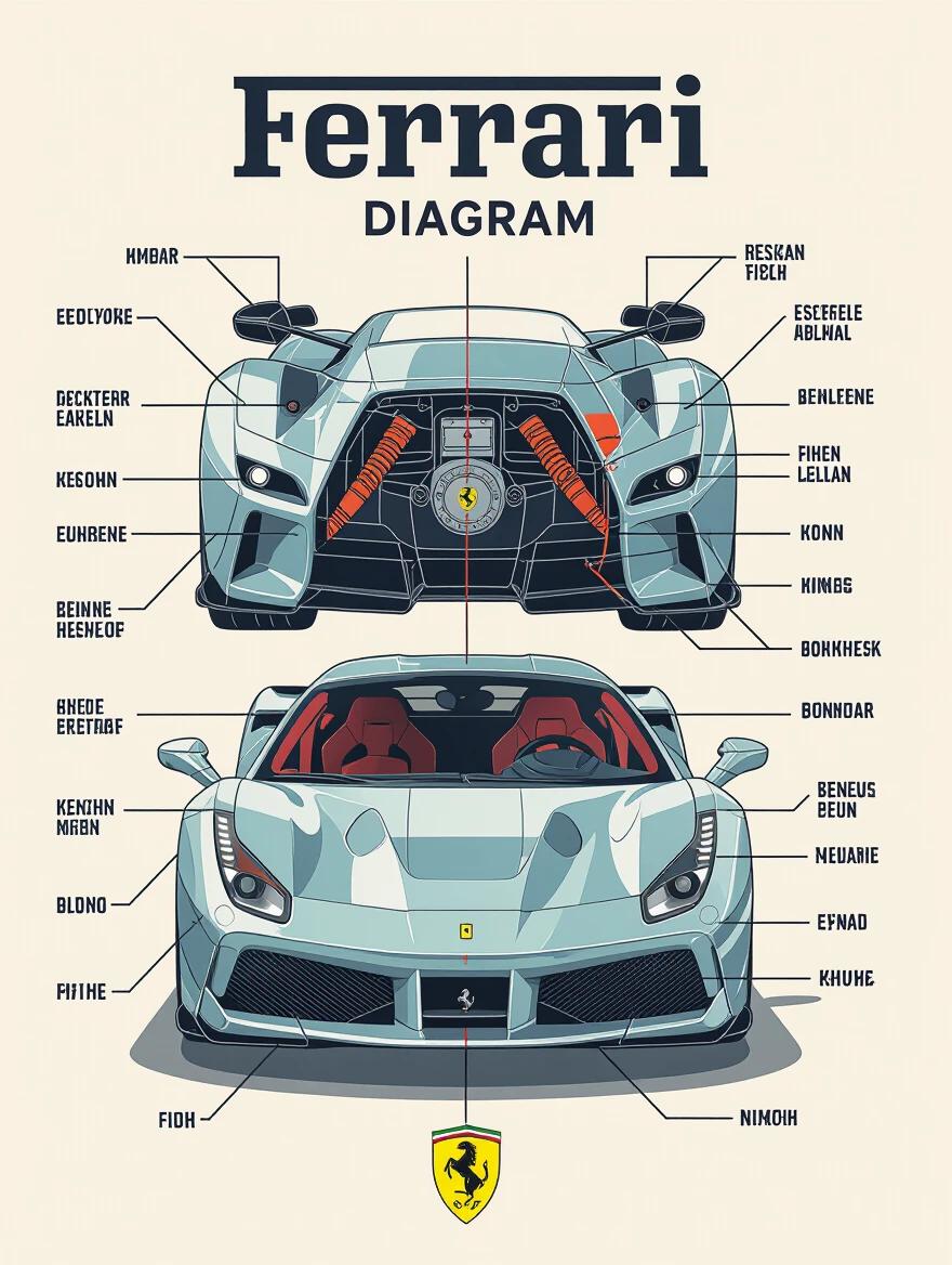 Poster design showcasing a sleek schematic diagram of a Ferrari car. Highlight internal and external components with precise technical drawings. Use fine lines and small icons with subtle color accents for key parts. Sleek and technical design.