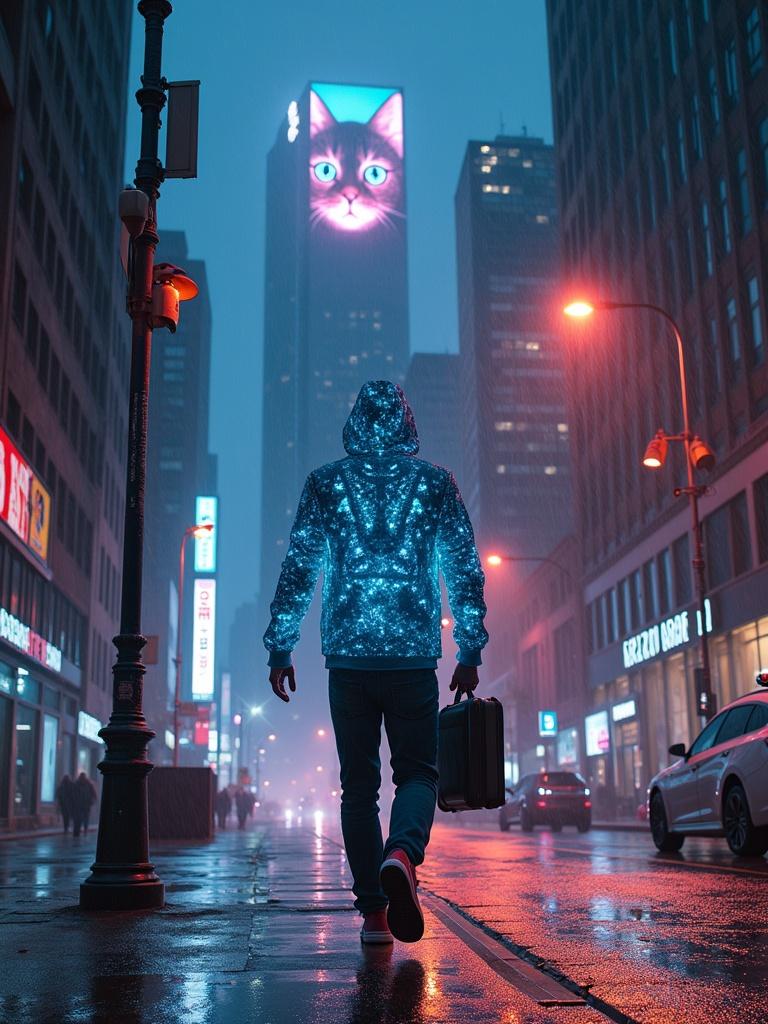 Nighttime scene in a vibrant city. A figure walks in a glowing jacket. The street reflects neon lights. City skyscrapers tower in the background. A digital billboard displays a cat with glowing eyes. The environment is rainy and foggy. The figure carries a briefcase.