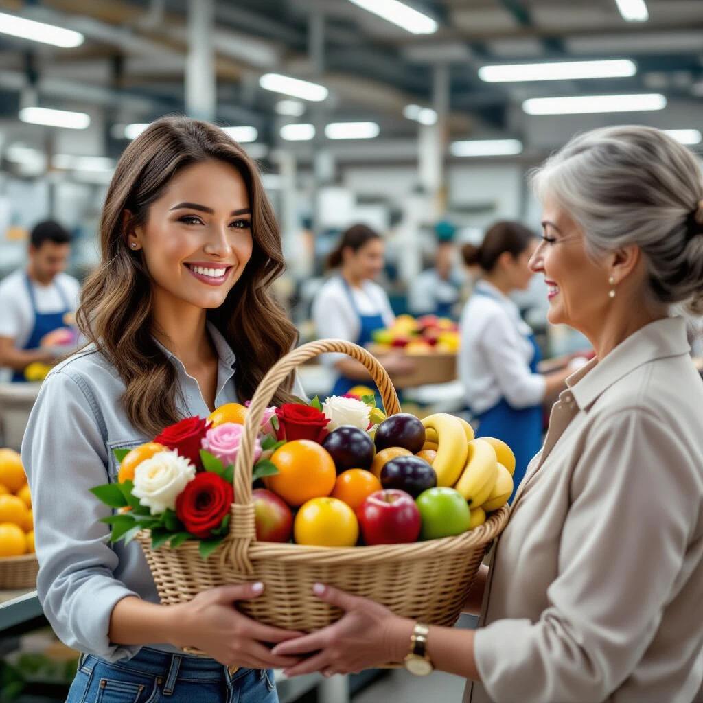 A brunette woman with a bright smile presents a basket filled with fruits and roses to an older woman. Background features a vibrant factory setting with employees engaged in work.