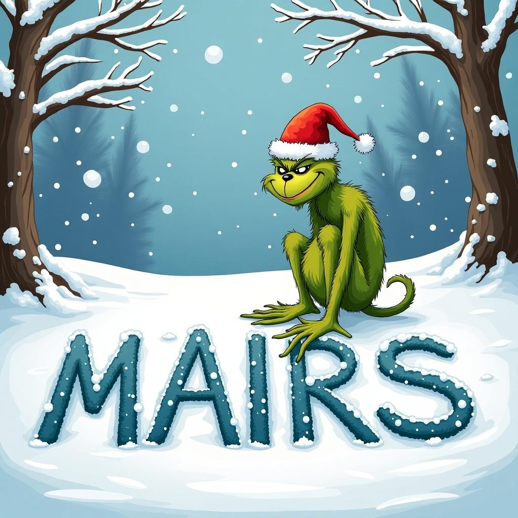 A whimsical green creature resembling the Grinch is sitting on snow. It wears a red Santa hat. The creature writes the name 'MAIRS' in the snow with joyful expression. Background features snowy trees and falling snowflakes.