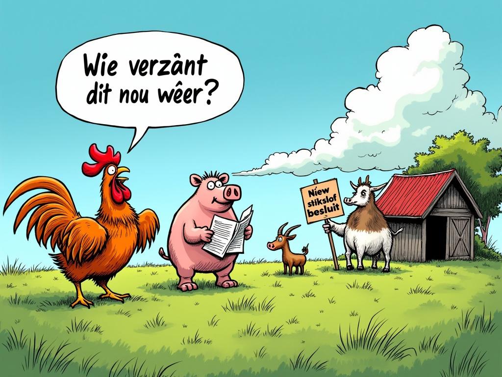 Depict a vibrant farm scene. Illustrate four farm animals reacting to regulation. Show a chicken shouting angrily. Add a pig holding papers. Include a cow with a protest sign. Feature a surprised goat. Lush green pasture in background. Rustic barn under bright blue sky. Playful dynamic composition. Bold ink strokes and vivid colors.