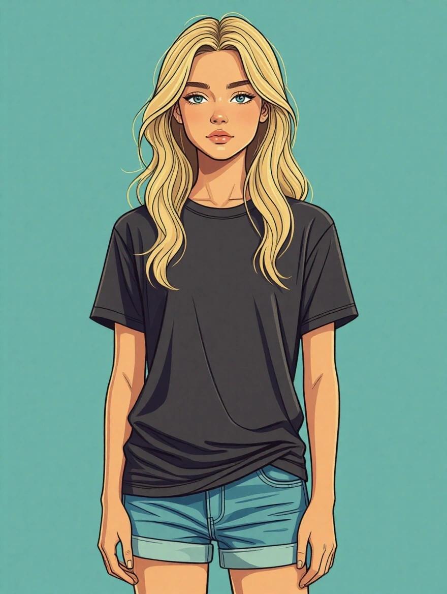 Drawing of an androgynous character with long blonde hair. Character wears a black t-shirt and denim shorts. The figure is slender and svelte. Features plucked eyebrows and feminine characteristics. Background is teal.