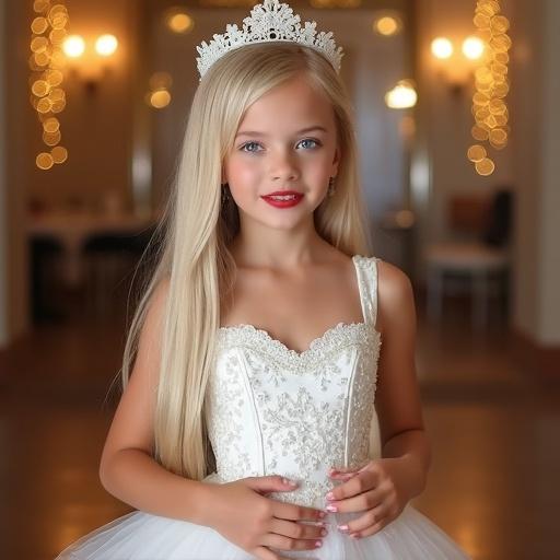 Beautiful 15 year old girl with blue eyes and crimson lips wearing a princess-cut quinceanera dress. The dress has a shiny fabric with lace and pearl details. She has long platinum-blonde hair and a natural makeup look. The background is a festive ballroom with warm golden lights.