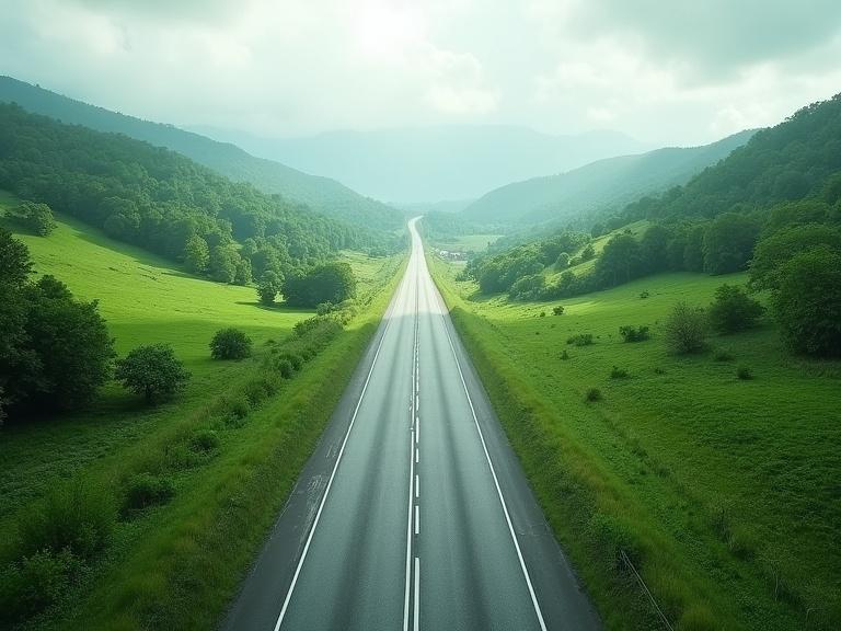 Landscape orientation shows a green valley with a straight highway in the center. The highway has three lanes and two exits on the sides. Speed effect is depicted in a serene environment.
