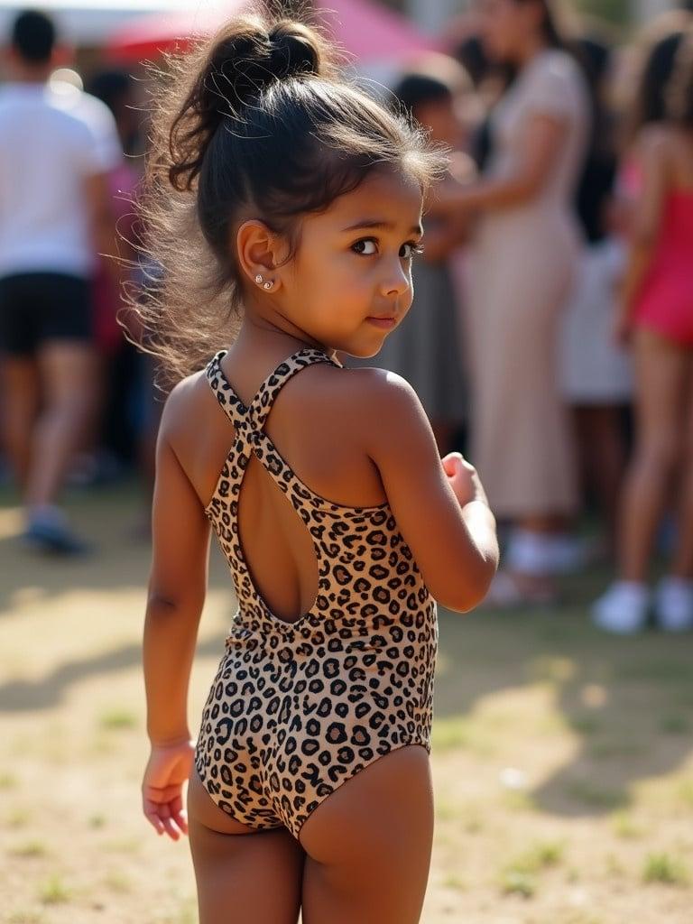 A 5 year old Mexican girl at a festival. She is very beautiful. She is wearing a leopard print leotard. Her back is facing the camera. She looks back at the camera. She is also wearing knee high bright white socks.