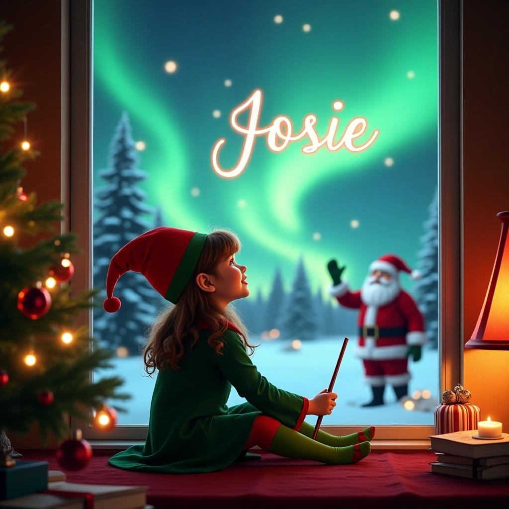 This image captures a magical Christmas scene featuring a girl dressed as an elf. She is sitting by a window, turning her back to the viewer, gazing upwards with awe. In her hand, she holds a wand and is writing the name 'Josie' in the sky. Outside the window, a beautiful display of northern lights illuminates the scene. In the distance, Santa Claus can be seen, enhancing the holiday cheer. The room around her is warmly decorated, creating a cozy atmosphere filled with festive spirit.