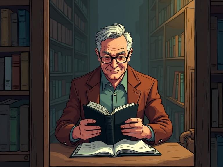 Cartoon scene of a man in his fifties reading in a library. He smiles while holding a book. The setting includes shelves filled with books and a warm, inviting atmosphere.