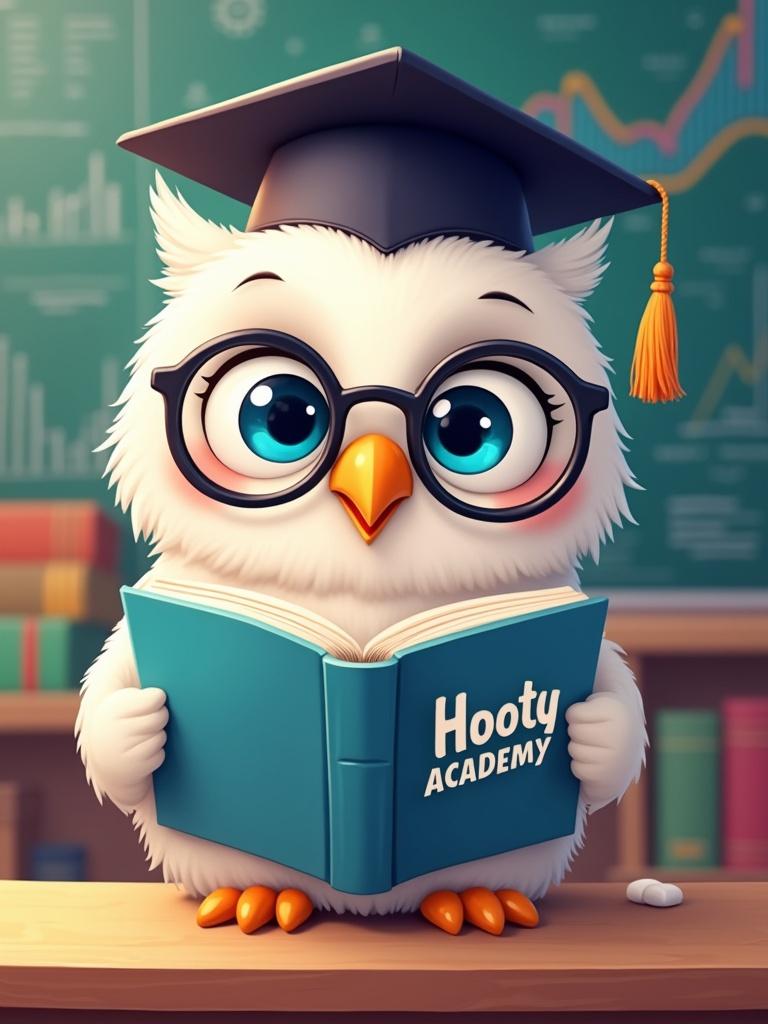 Vibrant digital illustration of a cute fluffy owl wearing a graduation cap and round glasses. Owl is reading a book titled Hooty Academy. Background shows a colorful modern classroom with a chalkboard displaying graphs and charts. Owl has large blue eyes and an orange beak.