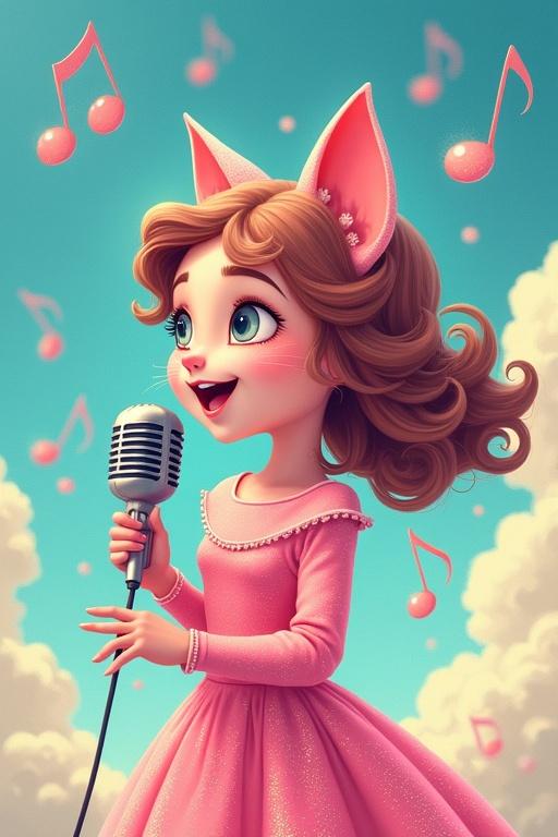 Whimsical cartoon scene featuring a girl singer named Alessandra. She wears pink glittery clothes with cat ears and a mustache. Singing with sparkly musical notes in a blue sky. Vintage Italian style mixed with playful chaos.