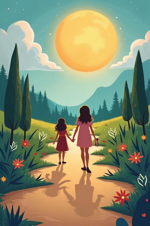 Illustration of two girls walking on a path holding hands with a large sun in the sky. A serene landscape with trees and colorful flowers surrounds them.