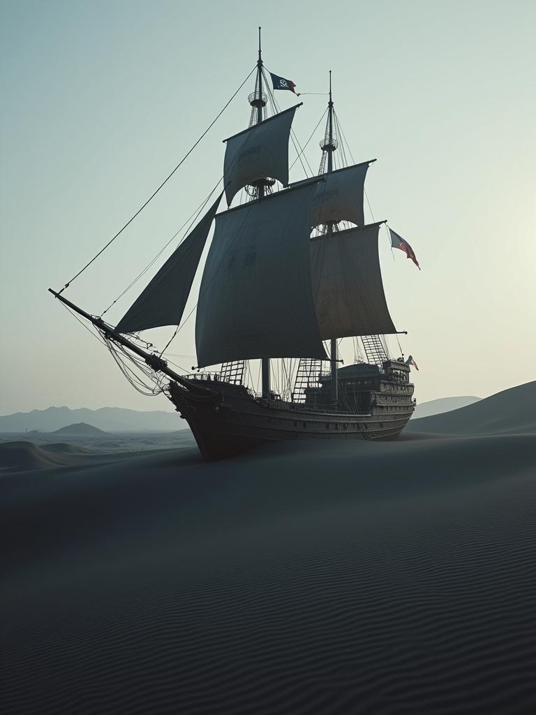 A hyper realistic depiction of a metalocalypse style pirate ship sailing through black sand dunes in a desert setting. The ship features billowing sails and pirate flags, set against a serene yet surreal backdrop of rolling sand hills.