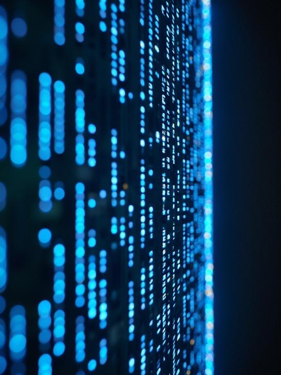Ultra realistic wallpaper featuring matrix code illuminated by intricate bioluminescent patterns. Soft ethereal glow enhances sleek metallic components with glowing circuits. Pulsates gently in sync with bioluminescence.