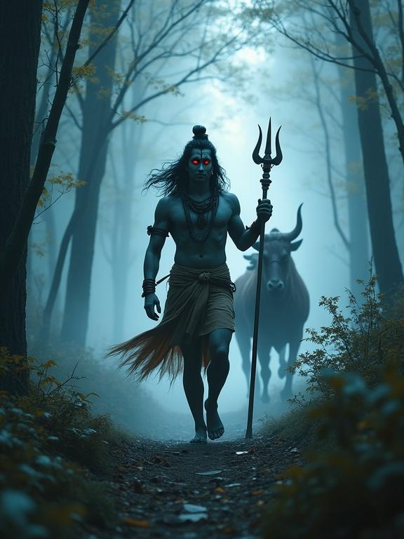 A powerful image portrays Lord Shiva walking through a misty forest. He holds a trident and has glowing red eyes. The sacred bull Nandi follows closely behind. The scene reflects divine strength and calmness. The atmosphere feels mystical with dramatic lighting. This illustrates divine authority in the mortal realm.