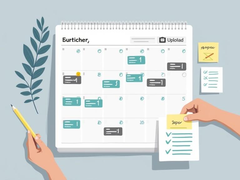 A digital calendar with highlighted upload days next to a creator planning content with sticky notes and a checklist. Soft gray background with a top-down view of the workspace.