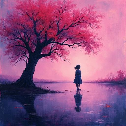 A little girl stands facing a tree by a violet lake. The tree is vibrant pink and the scenery depicts an abstract style. The girl's silhouette adds a sense of wonder. Calm atmosphere in pastel colors.