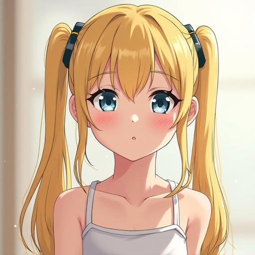 Anime character with blonde hair in pigtails. Thin build and soft expression. Appears youthful and innocent. Simple clothing. Bright eyes. Portrait style.