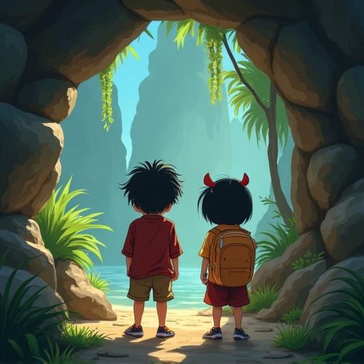 Two children standing in a cave. Children are looking out at a scenic view. The style resembles Studio Ghibli.