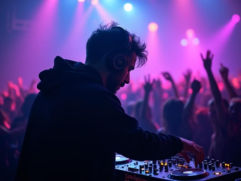 A young man resembling Leonardo da Vinci is a techno DJ at a nightclub. He wears modern headphones and a black hoodie. He is focused on the mixer. Colorful lighting creates a vibrant scene. A crowd dances enthusiastically in the background.