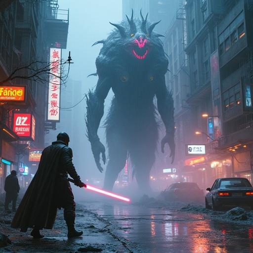Futuristic scene depicting intense battle between soldier with lightsaber and towering mystical creature. Setting is decaying cyberpunk city with crumbling skyscrapers and neon signs. Dark and moody atmosphere with electric fog and holographic ads. Soldier in high-tech armor and creature radiates otherworldly aura. Dynamic action pose with ultra-detailed elements.