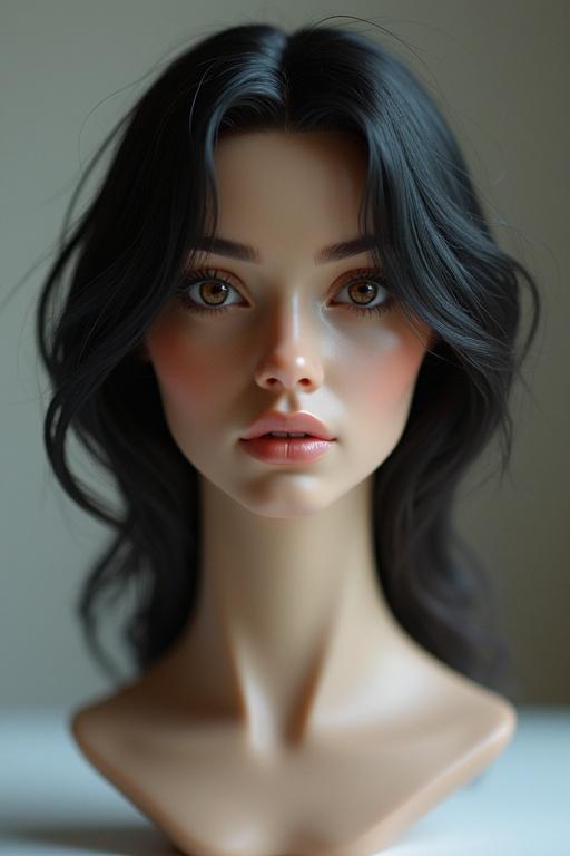 Realistic woman's head placed in a vase with black hair and hazel eyes. Focus is on the hair and features. Background is softly blurred to enhance the subject.