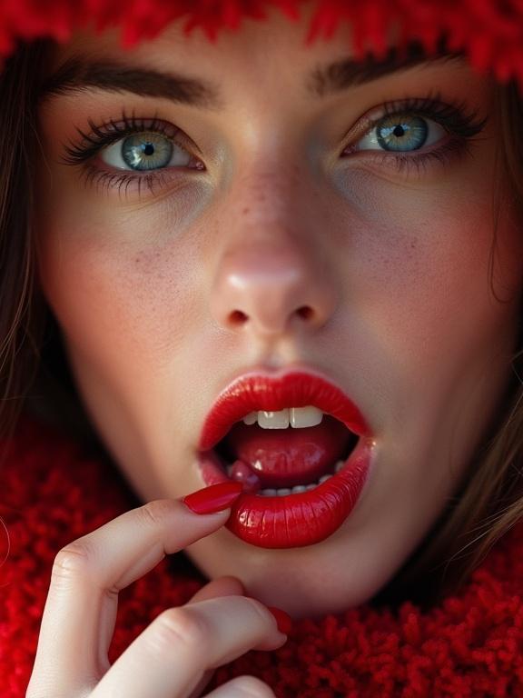 Close-up of beautiful woman with blonde hair and big blue eyes. Long eyelashes and full red lips. Mouth wide open and tongue out. Finger pointing at mouth. Wearing a red scarf.
