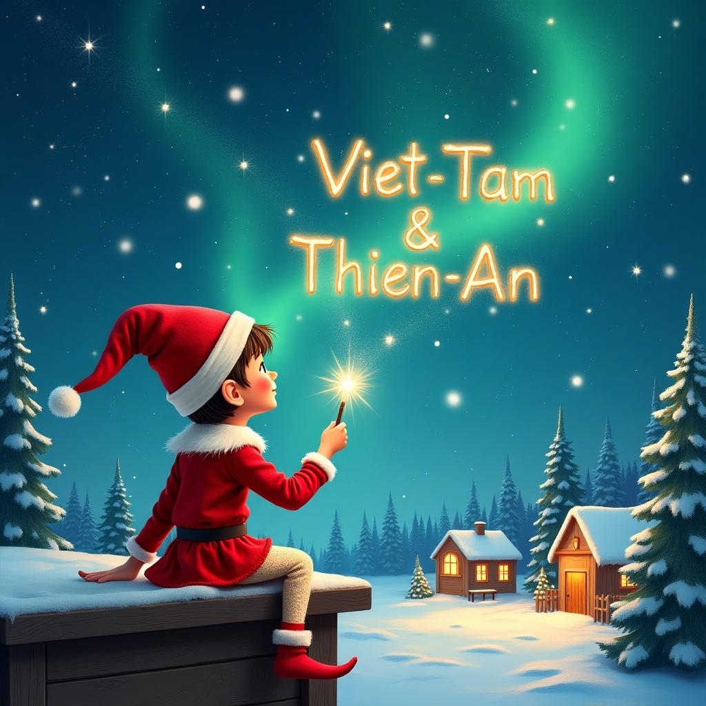 Elf on wooden ledge gazes at magical sky. Red outfit with pointed hat. Holds sparkling wand. Writes 'Viet-Tam & Thien-An'. Snowy landscape, charming houses, evergreen trees, Northern Lights. Adds names 'Natasha' and 'Ada'. Whimsical depiction of childhood magic.